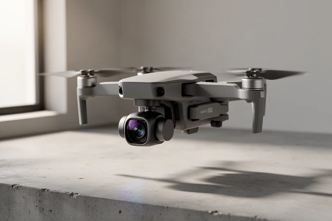 Compatto drone fotografico grigio sospeso sopra una superficie di cemento con la telecamera su gimbal visibile