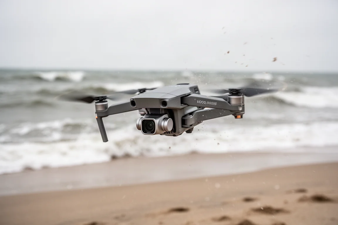 Inklapbare cameradrone die zweeft in winderige, bewolkte kustomstandigheden