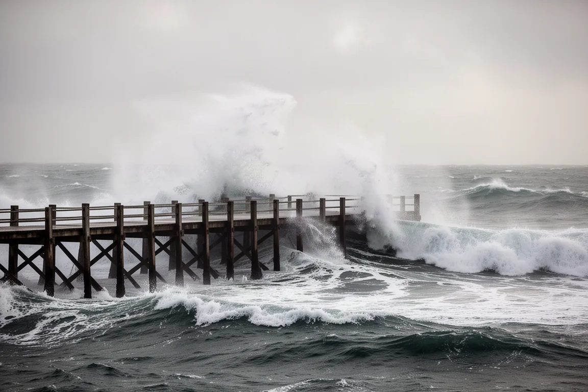 Ruwe zee met hoge golven die bij een steiger overslaan tijdens sterke wind