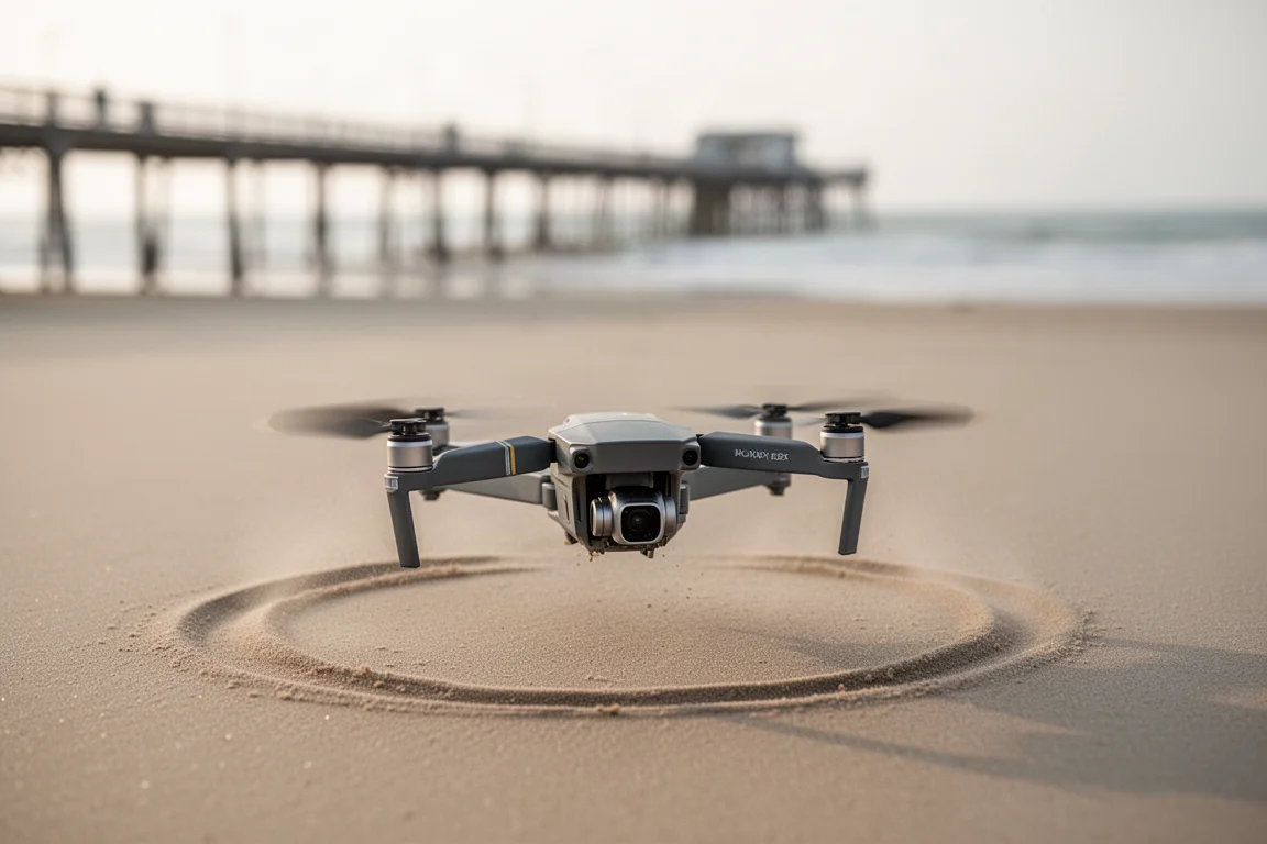 Drone die soepel landt op open zand, weg van een ruige steiger