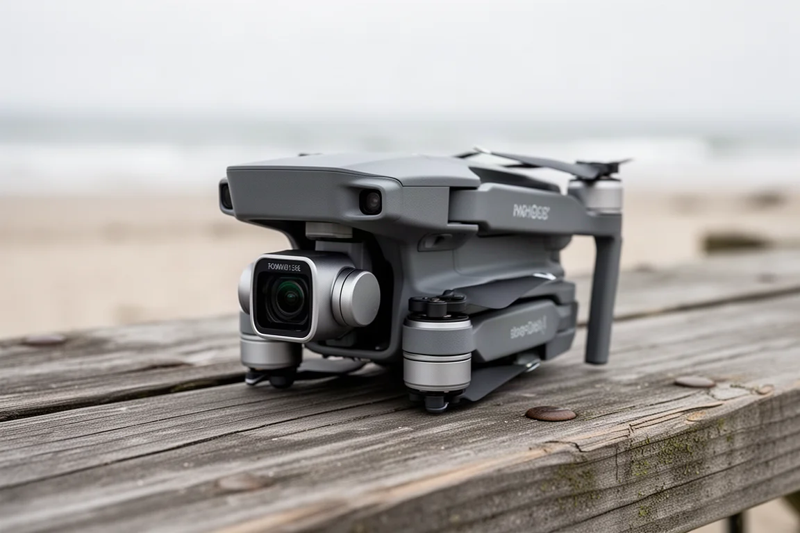 Drone fotografico grigio pieghevole appoggiato su un pontile di legno consumato