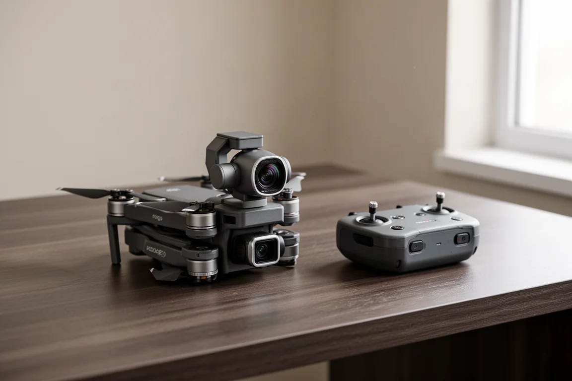 Inklapbare cameradrone op een bureau met de afstandsbediening ernaast in zacht daglicht