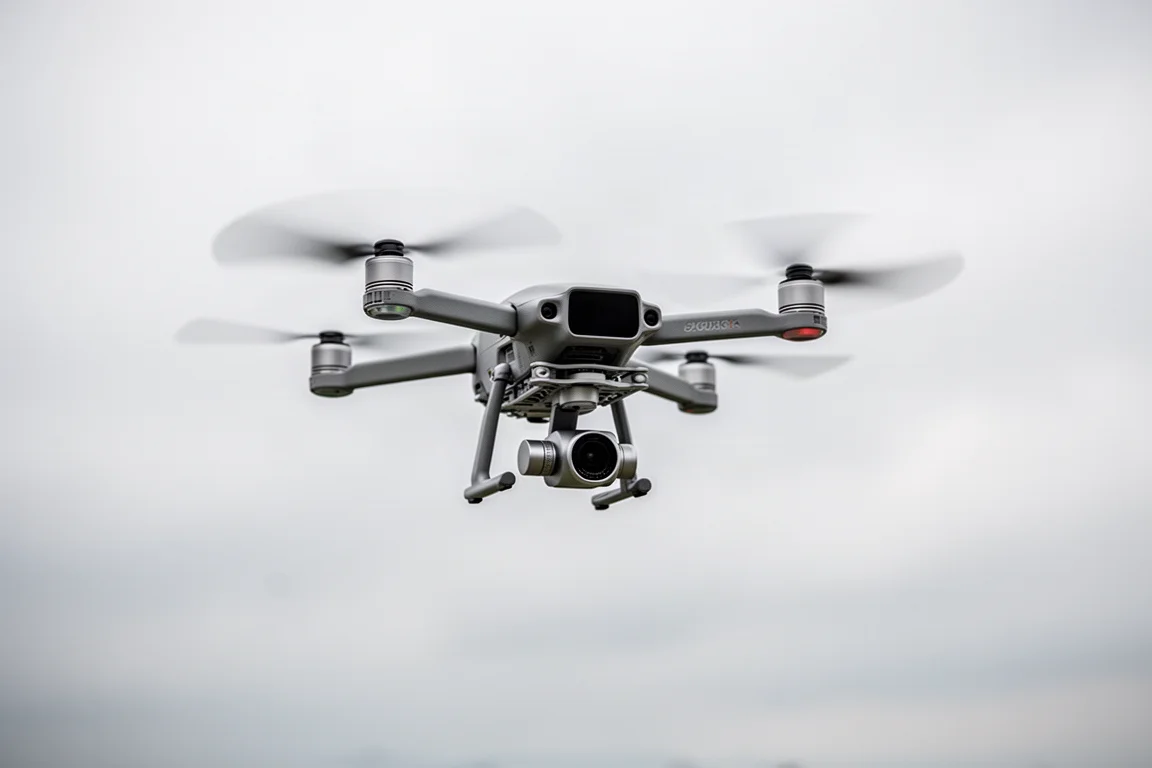 Cameradrone die in de lucht zweeft tegen een zachte bewolkte hemel