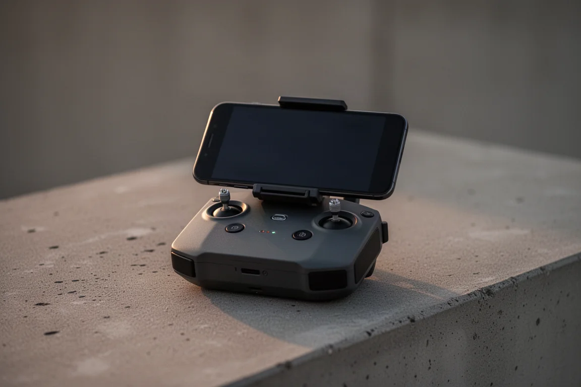 Compacte drone-afstandsbediening liggend op beton in de schemering