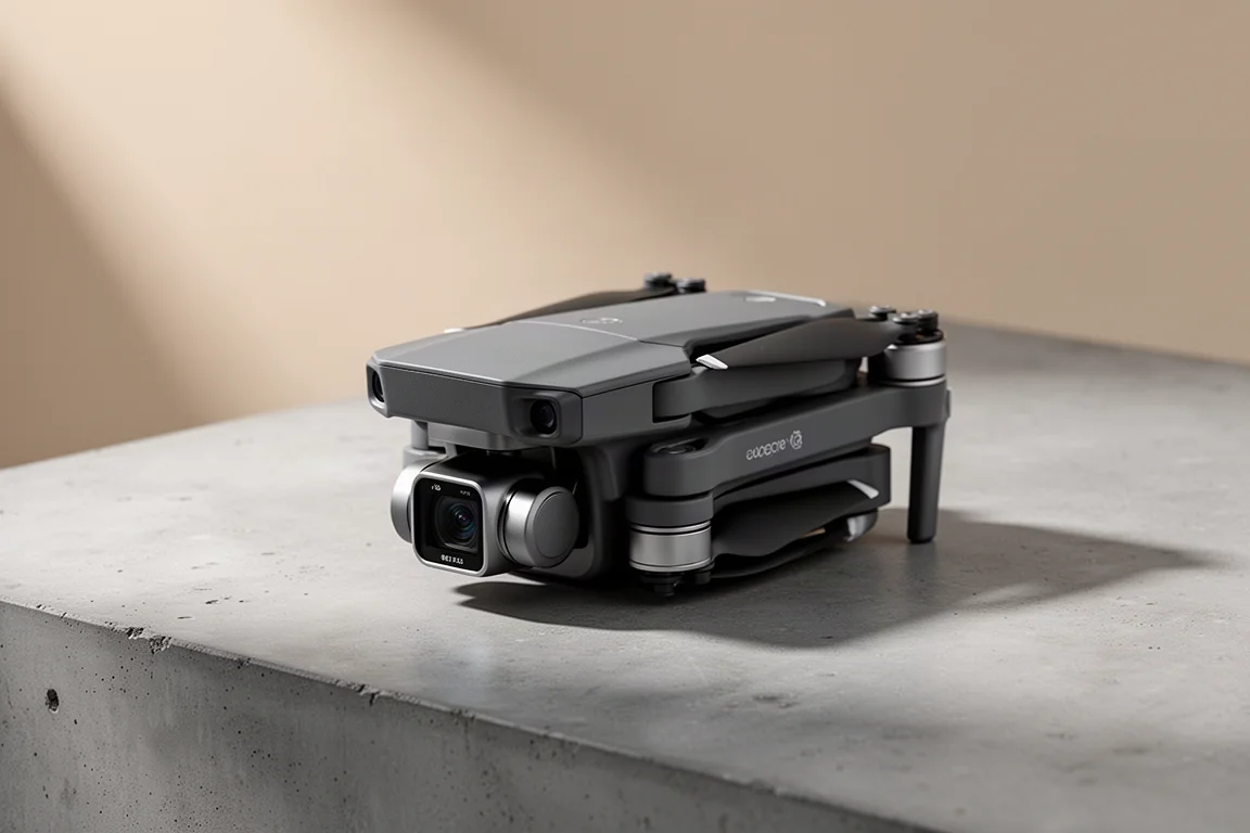 Folding camera drone with gimbal camera on a matte concrete surface