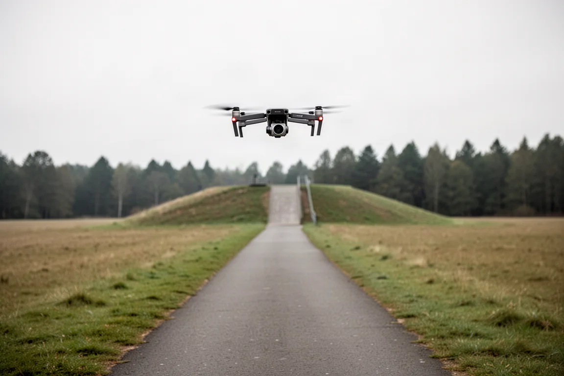 Drone volant à basse altitude au-dessus d'un chemin bordé d'arbres près d'un canal, en lumière douce
