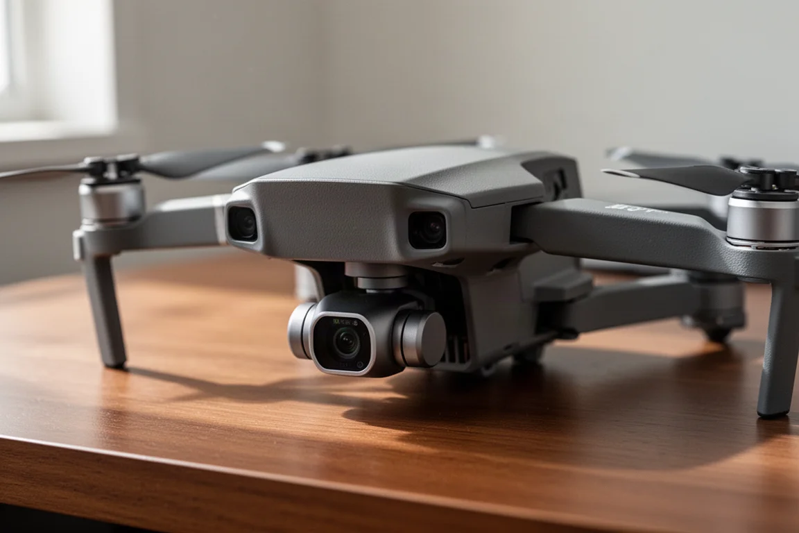 Gros plan sur les capteurs d'obstacles d'un drone et la caméra gimbal sur un boîtier gris