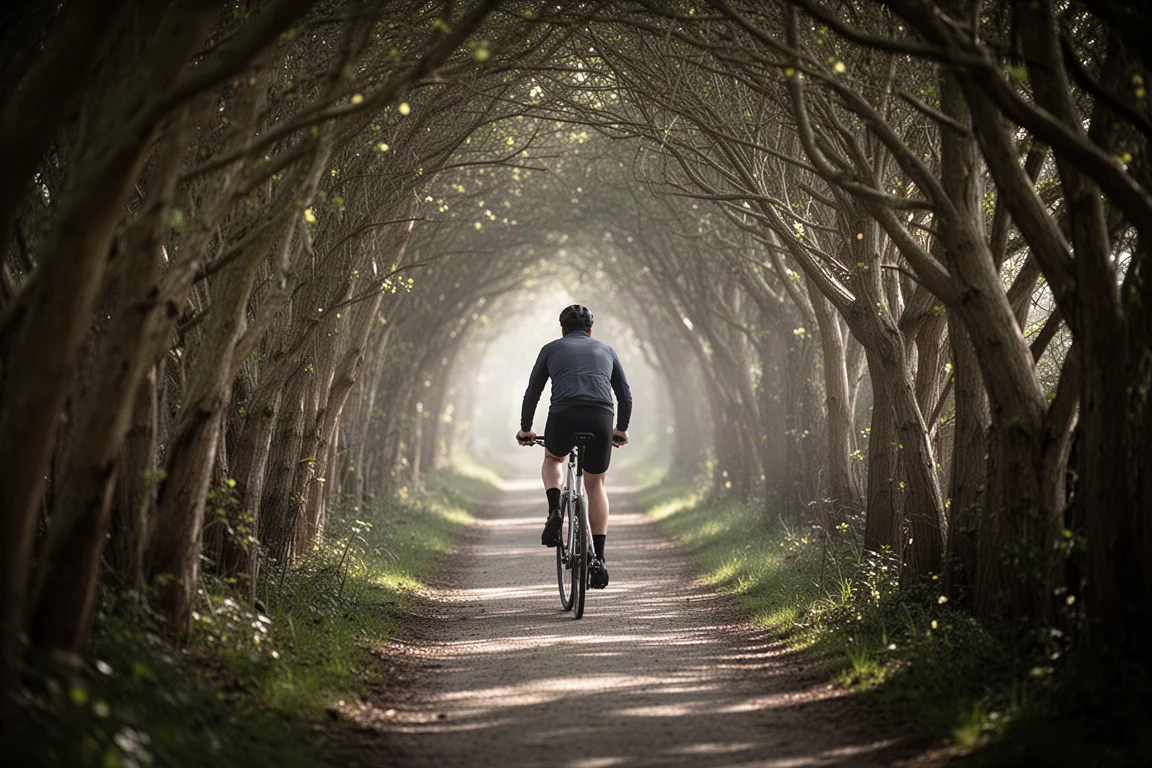 Cycliste roulant sur un chemin bordé d'arbres avec des branches au-dessus de lui