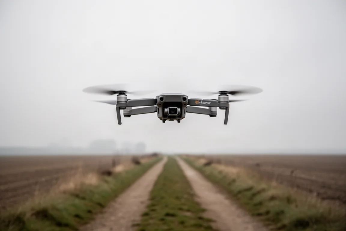 Drone en vol stationnaire dans un ciel dégagé au-dessus d'un chemin de campagne après le test de suivi
