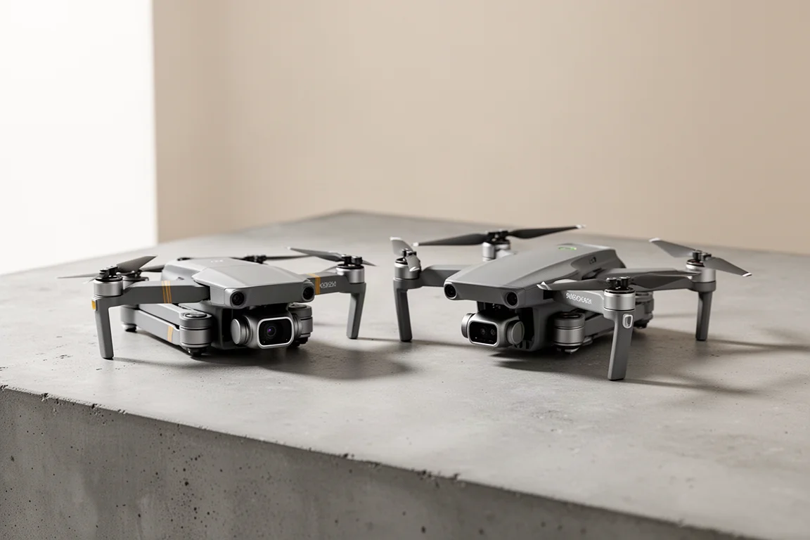 Two camera drones side by side on a matte concrete surface