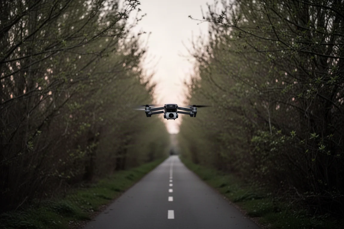 空拍機以低速飛行在兩旁種滿樹木的自行車道旁