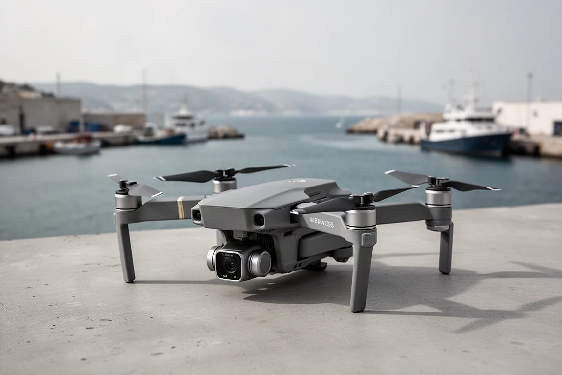 DJI Mavic 3 drone on a concrete surface near a coastal harbor