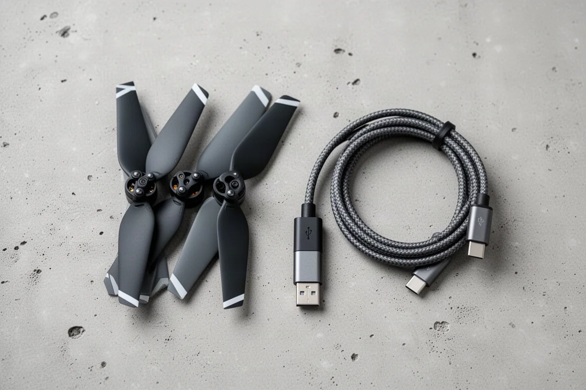 备用螺旋桨对和编织 USB-C 线平铺在中性色表面上