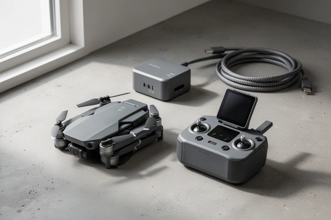 Folding drone with remote controller and charging accessories on a concrete surface
