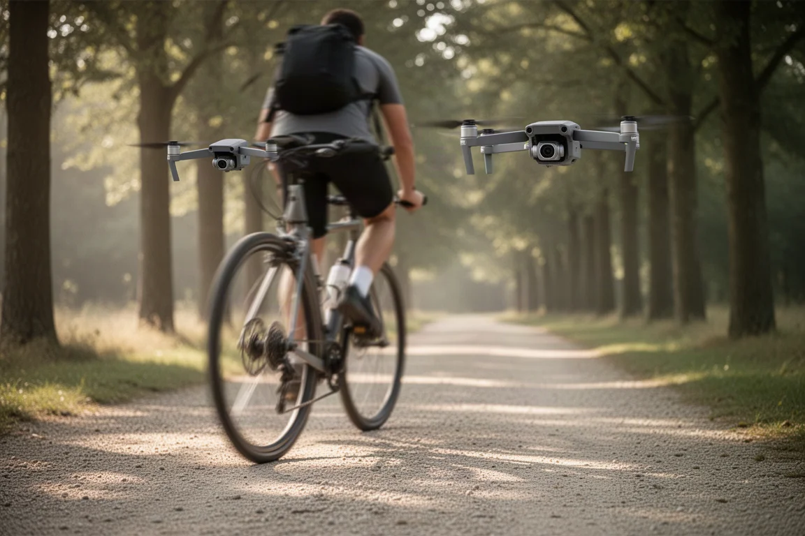 Drone following a cyclist along a tree-lined path