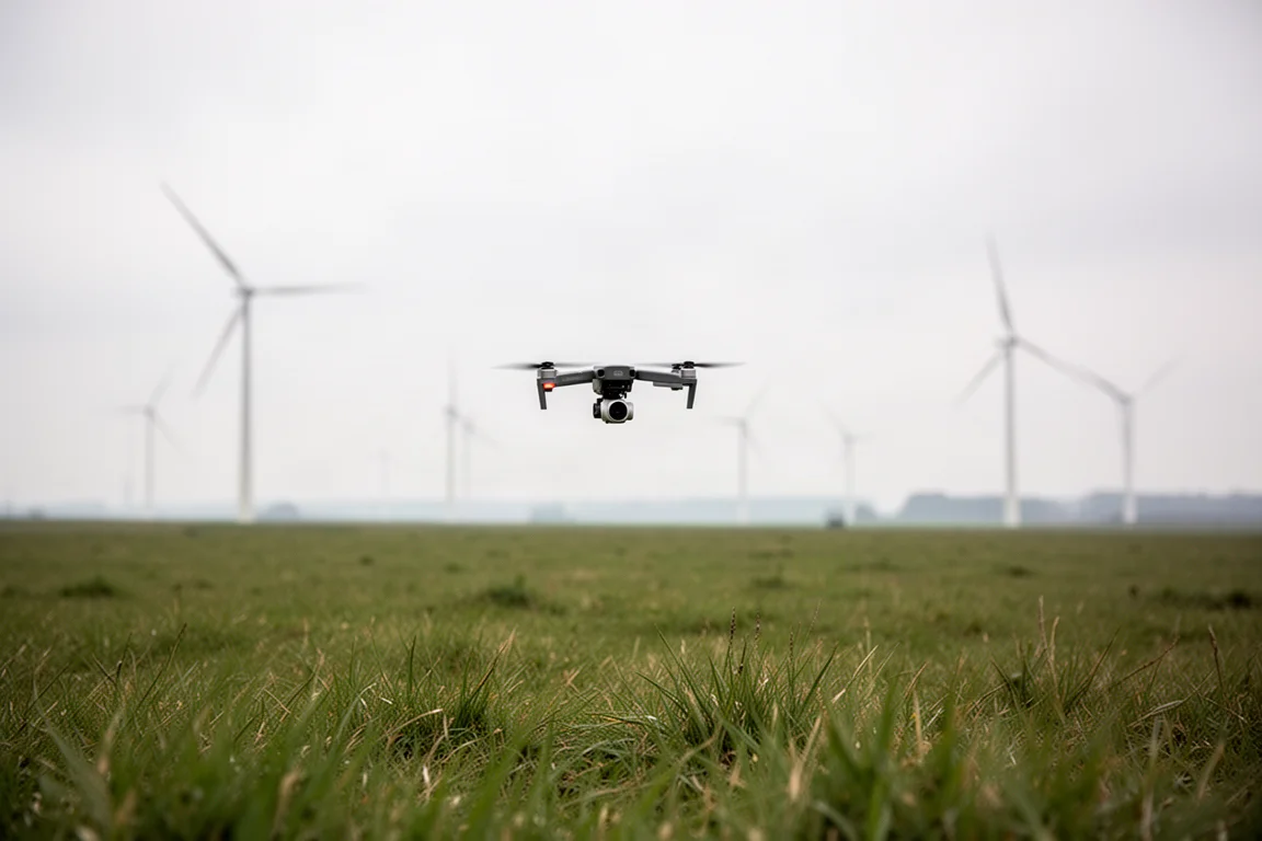 Camera view of a drone tracking through an open field