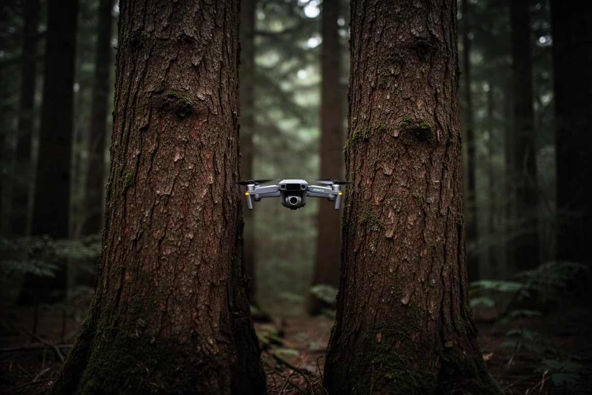 Drone squeezing between two close trees in dense woods