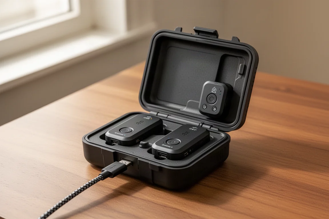 Mikrofonfodral som laddar två sändare och en mottagare via USB-C