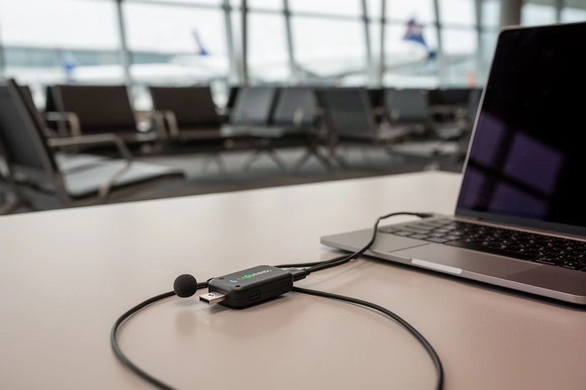 Kreatör som spelar in voiceover på en laptop i en flygplatsmiljö