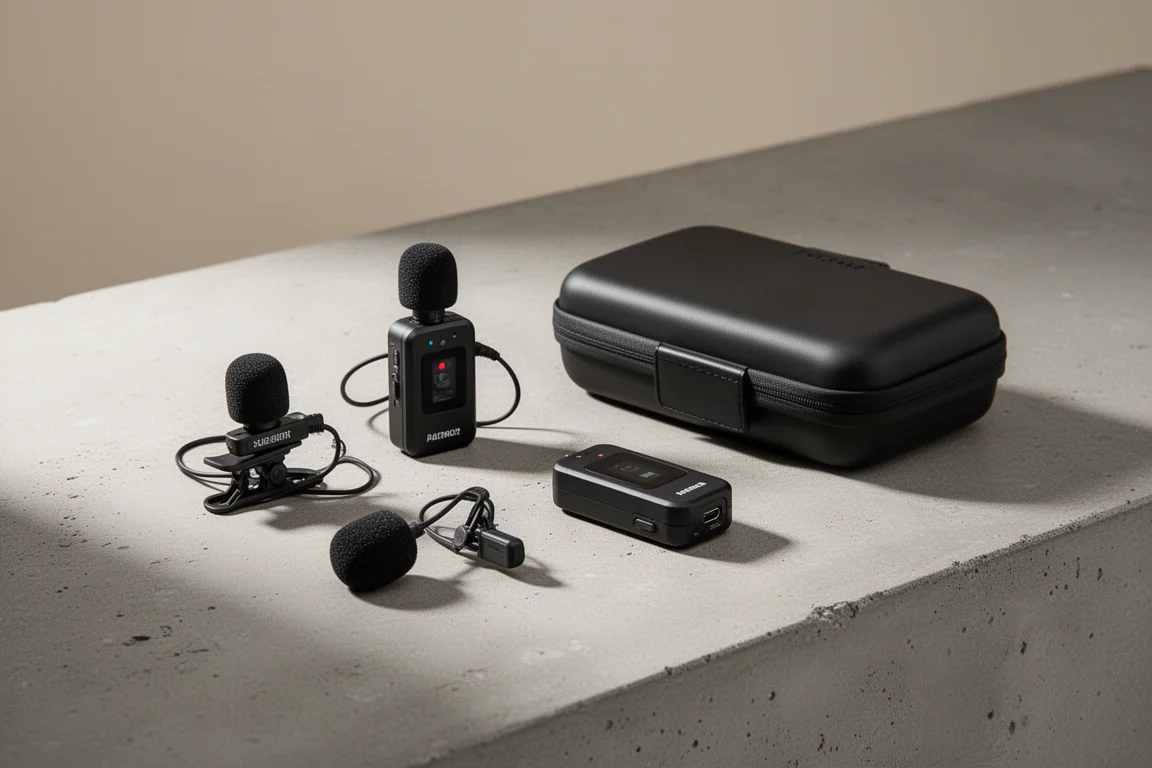 DJI Mic wireless microphone system with transmitters, receiver, and charging case on concrete