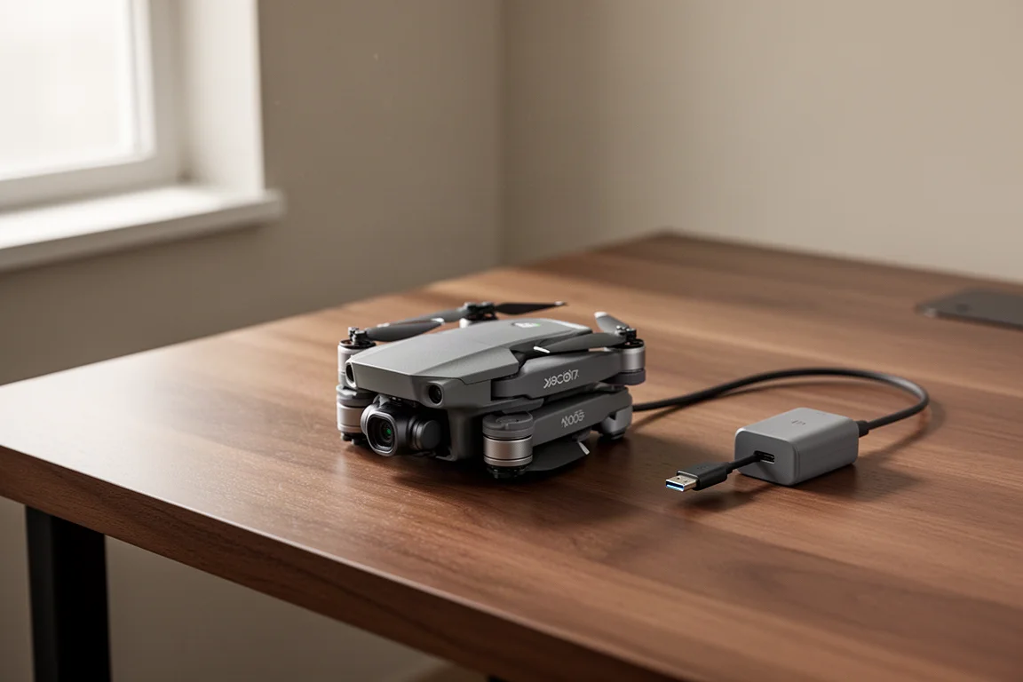 Dron plegable compacto sobre una mesa de madera con el cable de carga conectado
