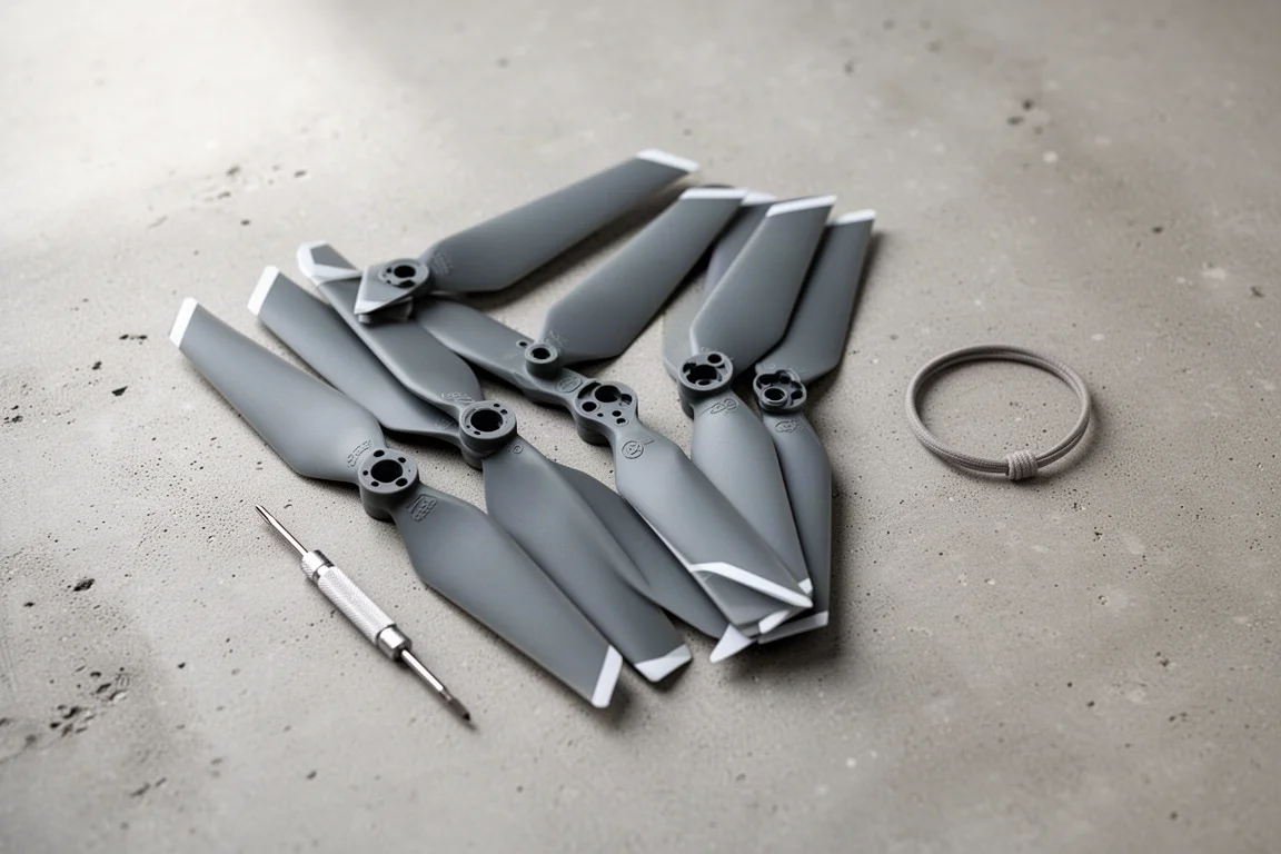 Hélices de repuesto para dron y un pequeño destornillador extendidos sobre una mesa