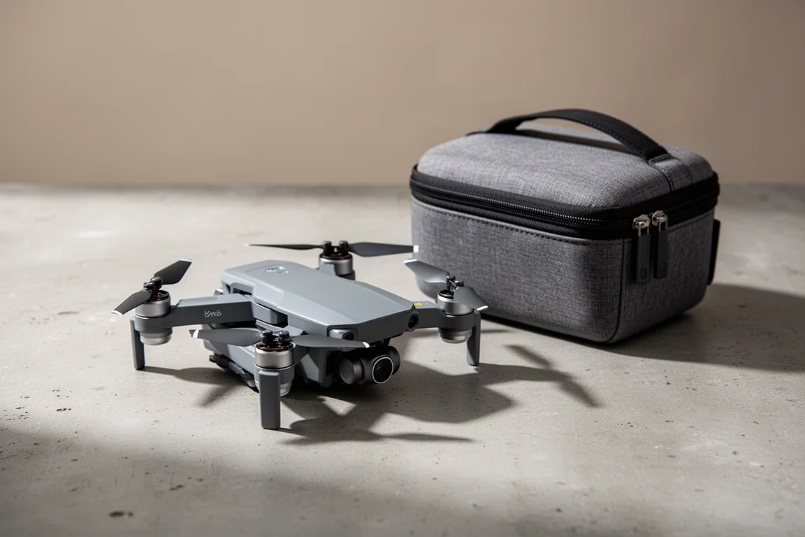 Compatto drone fotografico pieghevole accanto a una piccola borsa da trasporto su superficie di cemento