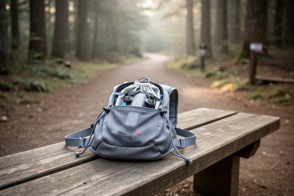 Drone compact rangé dans un sac d'hydratation léger posé sur un banc au départ du sentier