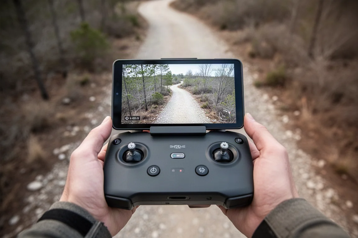 Écran de la télécommande montrant un flux vidéo du drone en suivi sur un sentier descendant