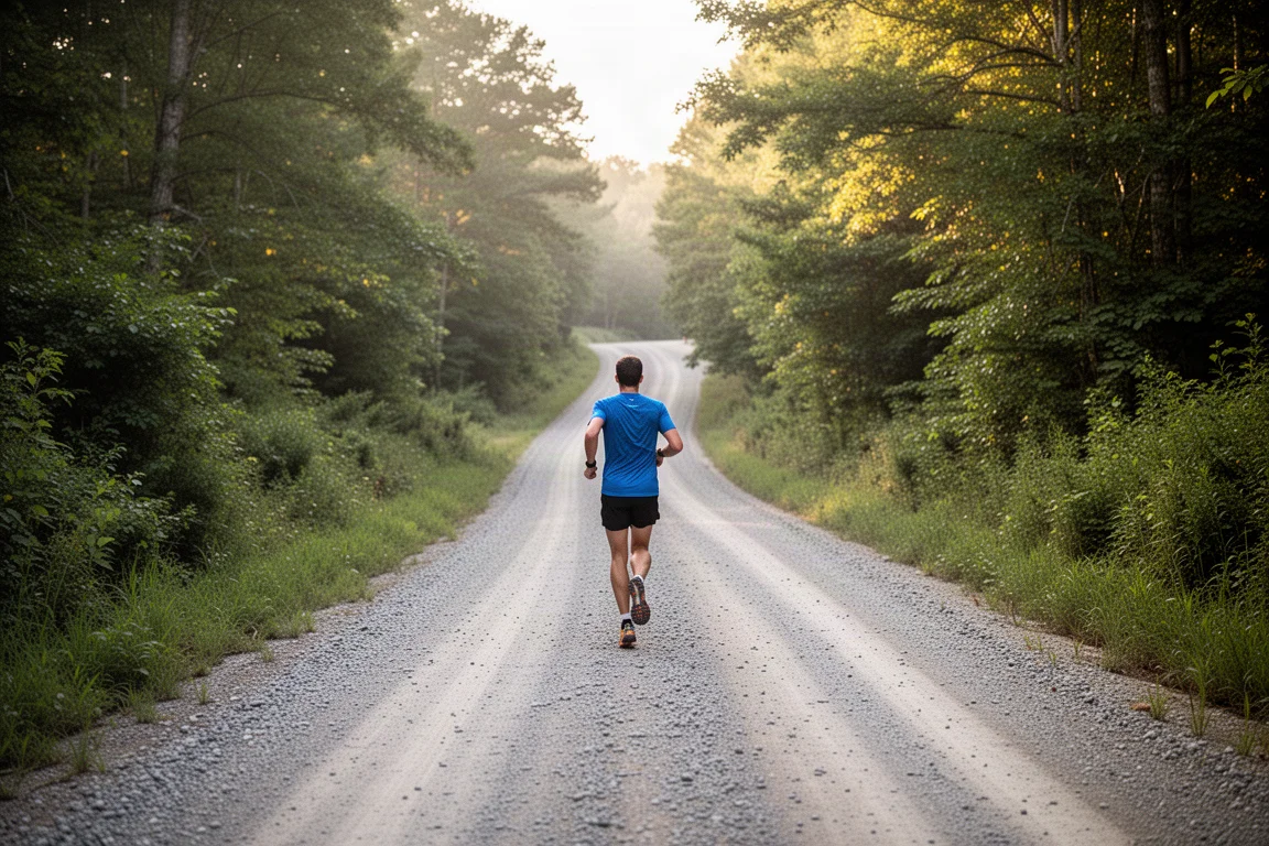 Coureur descendant une route de ferme en gravier raide entourée d'arbres
