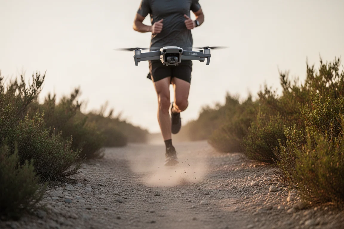 Drone en vol stationnaire à distance constante derrière un coureur descendant un sentier de gravier