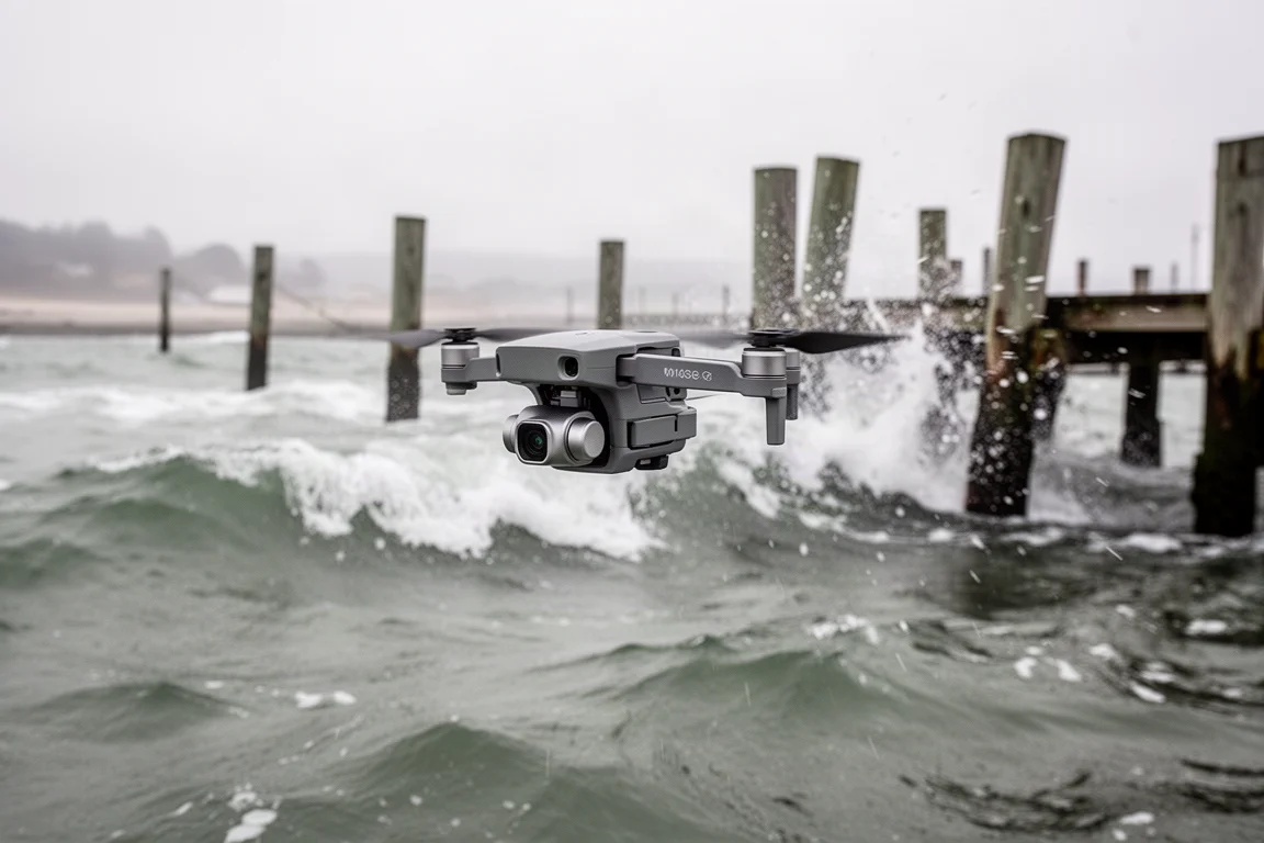 Compact camera drone hovering low over a choppy harbor in strong wind