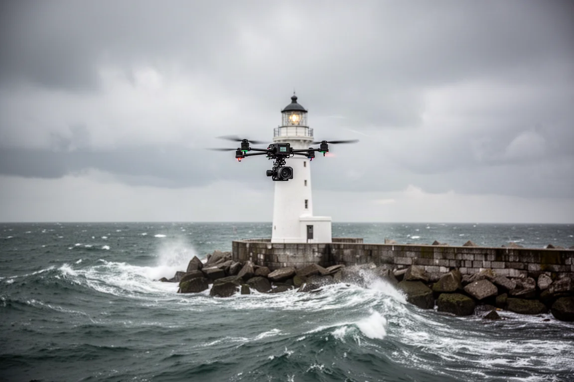 Drone flying a point of interest orbit around a lighthouse in windy coastal conditions
