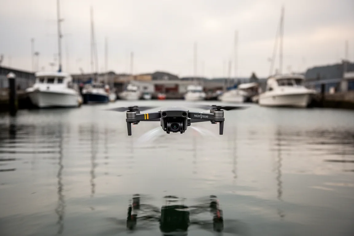 Drone flying low and fast over calm water to escape stronger winds aloft