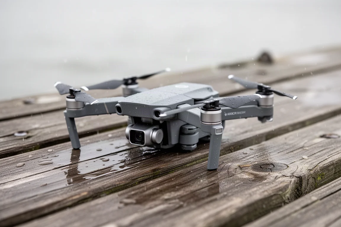 Compact folding drone resting on a dock after landing in damp windy conditions