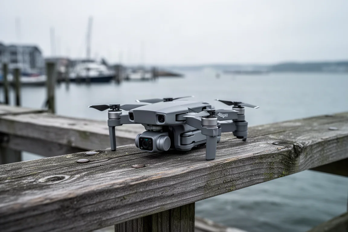 Compact folding camera drone on a wooden pier railing at a windswept harbor