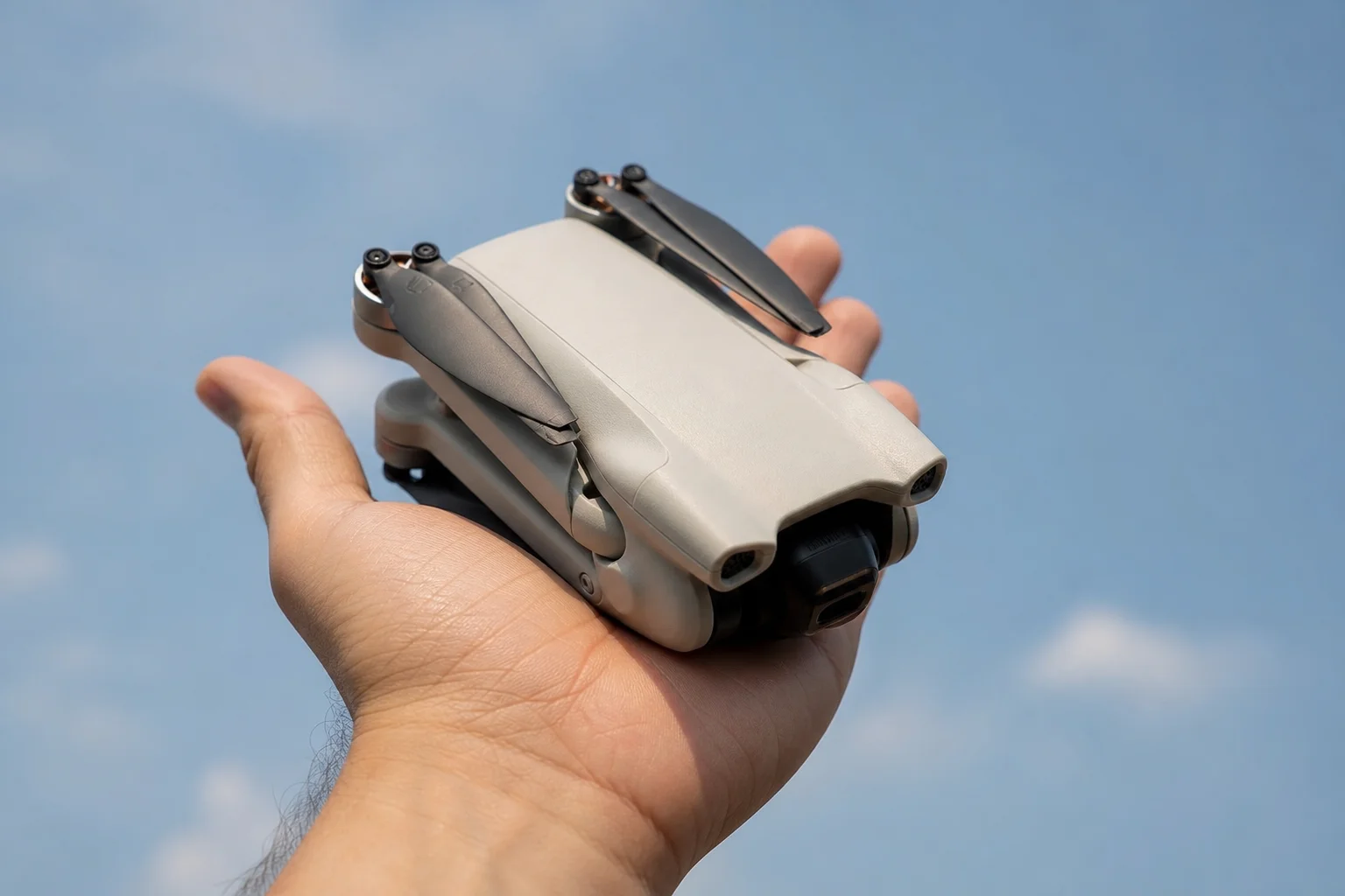 手持輕巧的 DJI Mini 3 空拍機，背景為天空