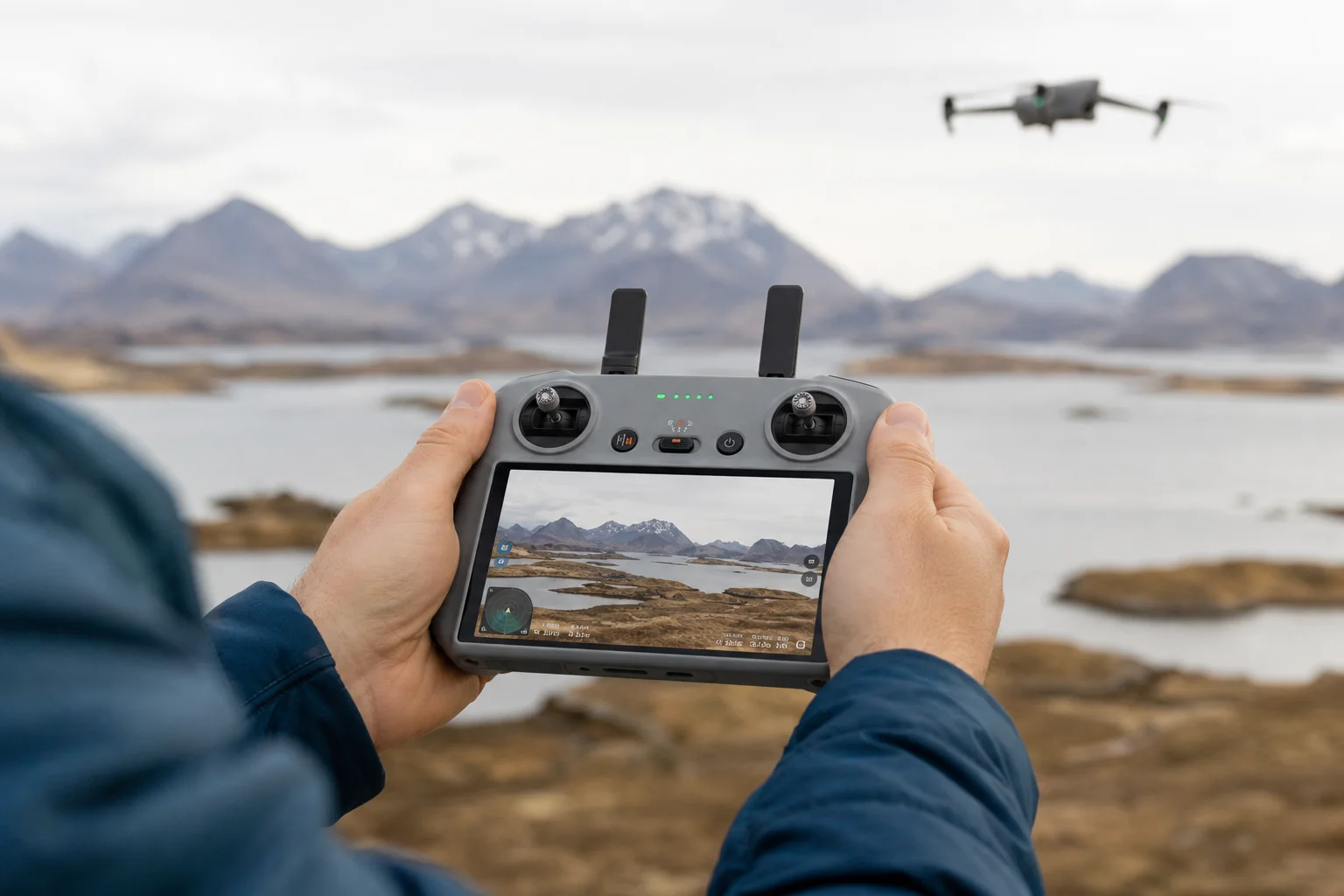 戶外飛行時，雙手持握帶有螢幕的 DJI RC 遙控器