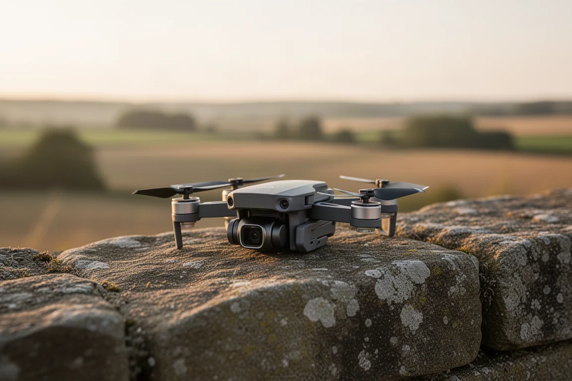 Drone pliable compact posé sur un mur de pierre à l'heure dorée