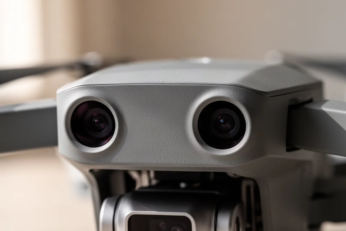 Gros plan sur le bloc de capteurs d'évitement d'obstacles avant d'un drone