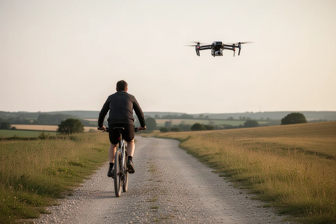 Cycliste sur un chemin de gravier tandis qu'un petit drone plane derrière lui