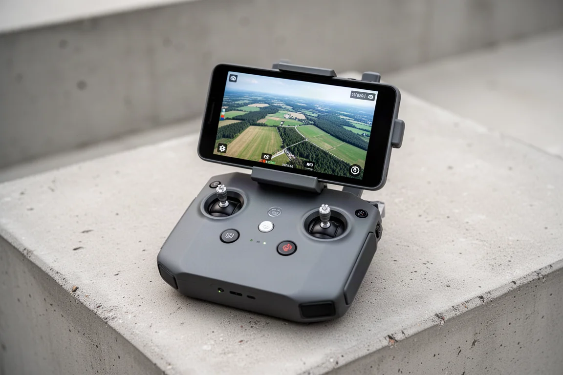 Écran de télécommande de drone affichant un flux vidéo 1080p en direct