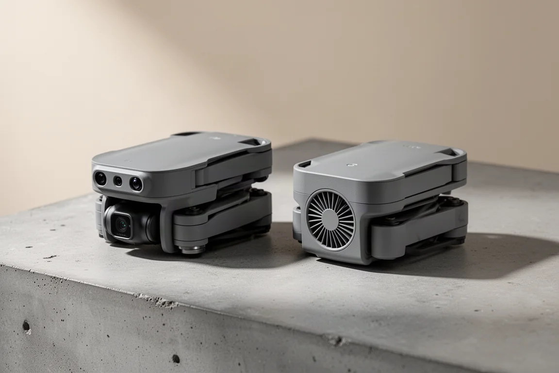 Drony DJI Mini 3 i Mini 3 Pro obok siebie na betonowej powierzchni