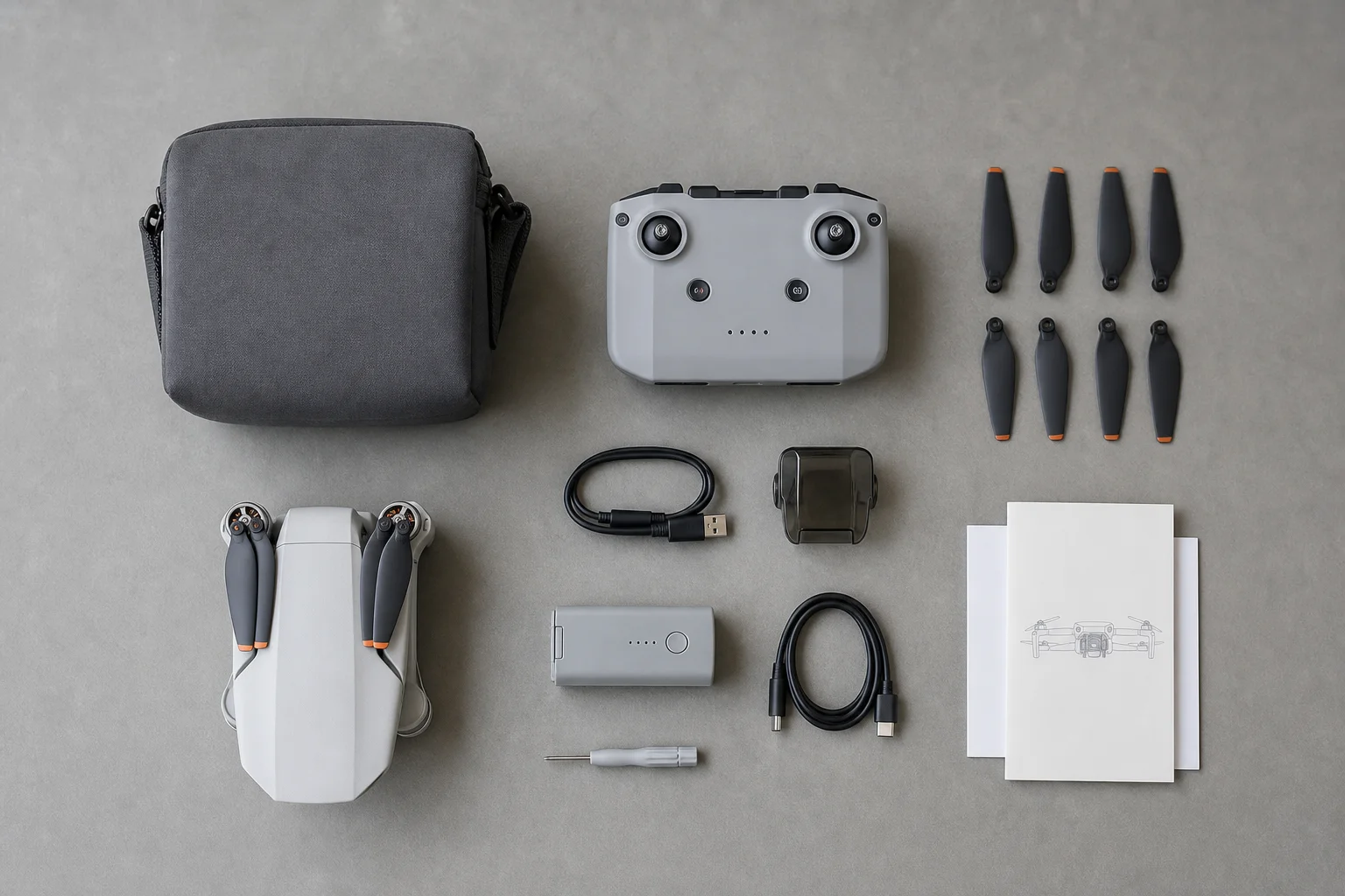 DJI Mini 4K 開箱後的配件整齊排列於中性表面上