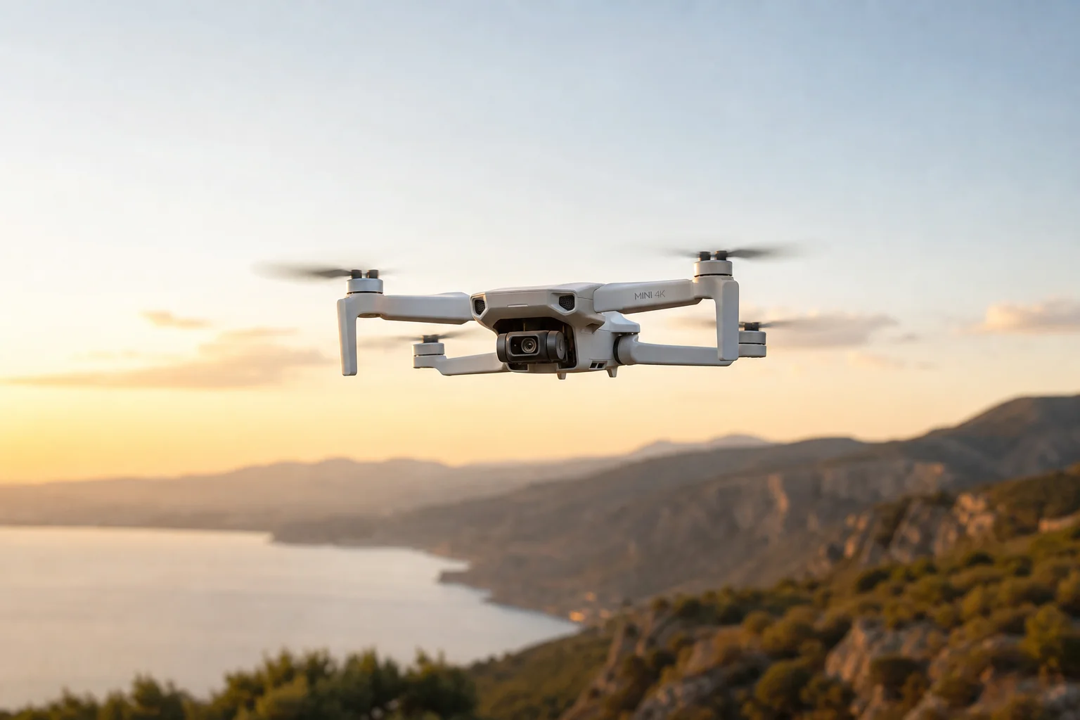 DJI Mini 4K 空拍機在日落時分懸停於風景上空