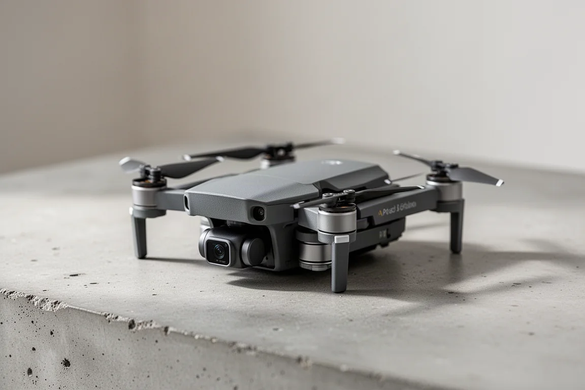 Kompakt hopfällbar droneliggande på en betongyta i mjukt dagsljus