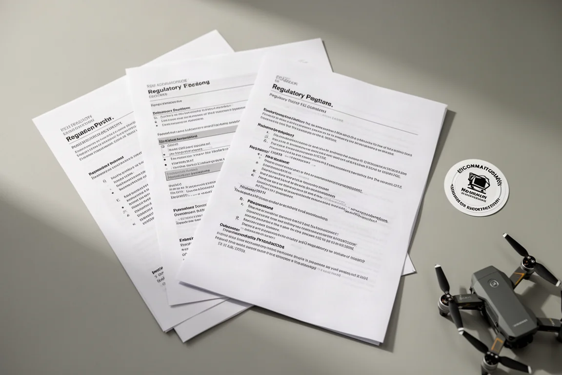 Regulatoriska handlingar och en liten klassetikett bredvid en drönare på ett skrivbord