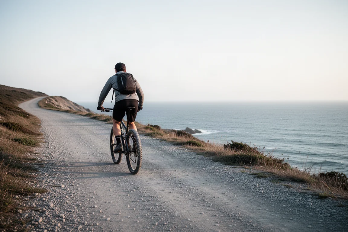 Ciclista che pedala su un facile sentiero costiero verso loceno con cielo aperto
