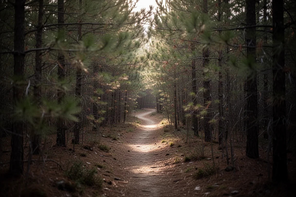 Sentiero boschivo stretto con rami bassi e alberi fitti