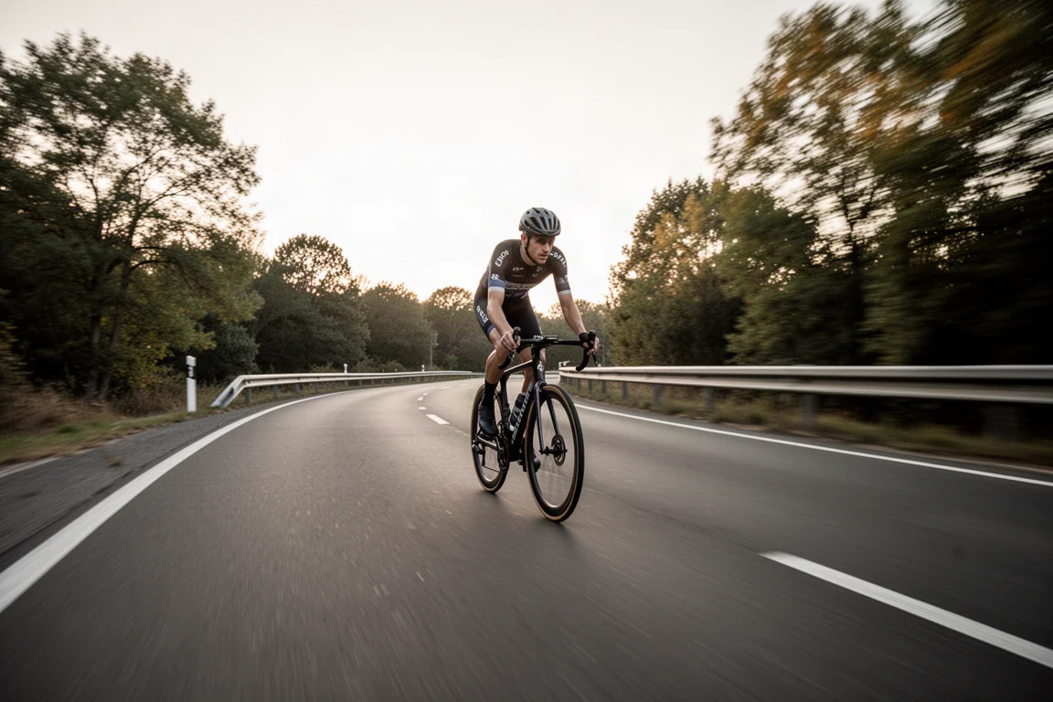 Ciclista che pedala veloce su una strada di discesa aperta ad alta velocità